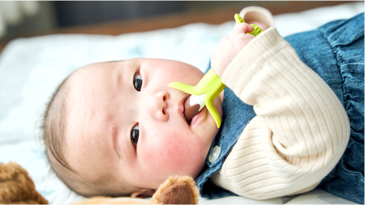 フォトジェニックなチョコバナナの歯がためを口にする赤ちゃん