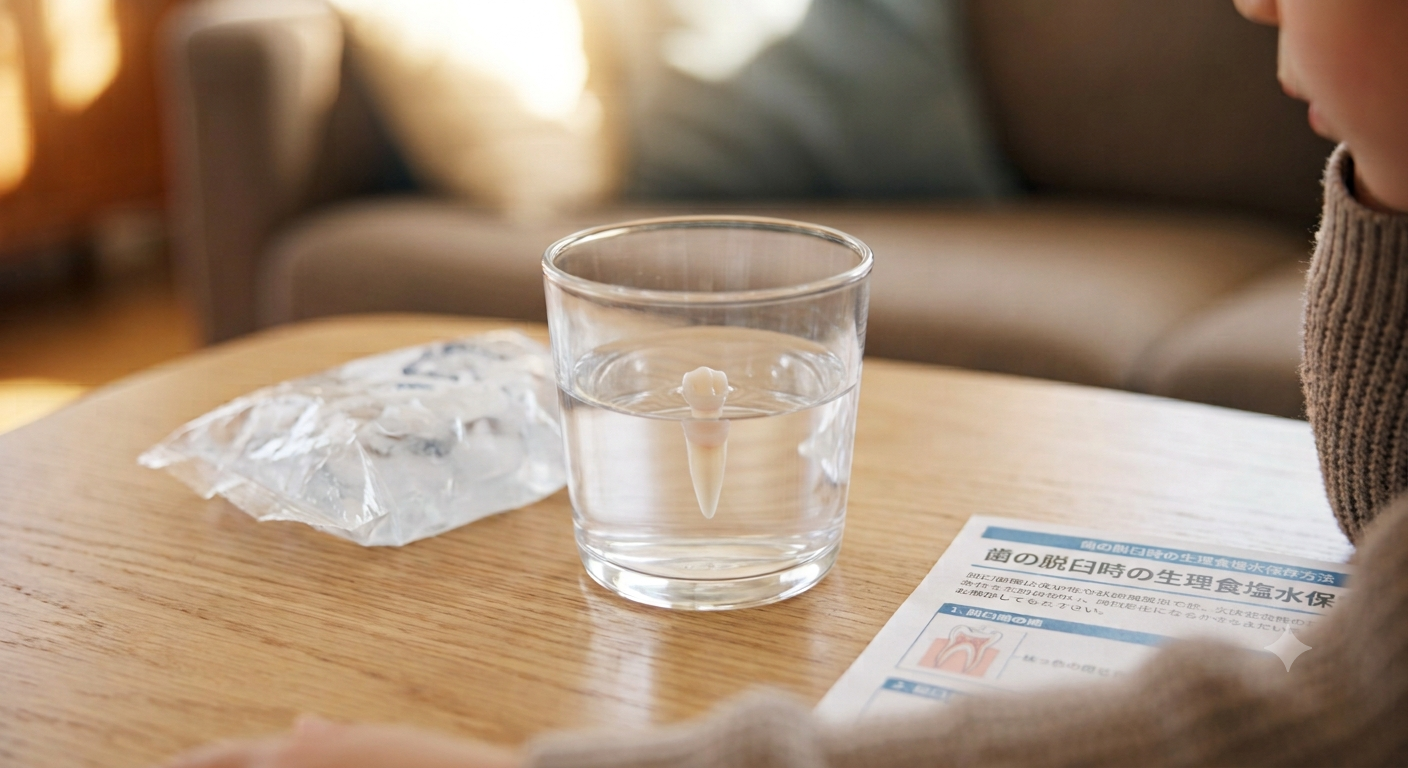 抜けた歯を牛乳や保存液に浸して保管する応急処置のイメージ