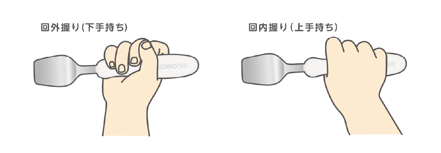 回外握り（下手持ち）、回内握り（上手持ち）